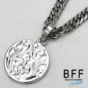 BFF ブランド コインネックレス ダブル喜平 6面カット プルメリア マイレ スクロール ステンレスチェーン シルバー 銀色 手彫り 彫金 専用BOX付属 父...