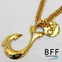 BFF ブランド フィッシュフックネックレス ダブル喜平 6面カット 釣り針 スクロール 唐草 メタル ステンレスチェーン ゴールド 18K GP gold 金...
