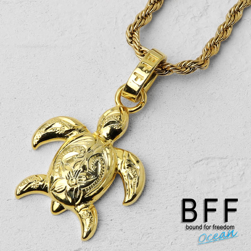 ＼スーパーSALE 10%OFF 10,800円→9,720円 ／BFF ブランド タートルネックレス シルバー925 小ぶり ネックレス ゴールド 18K GP gold 金色 ウミガメ ロープチェーン ハワイアンジュエリー 刻印 手彫り 金属アレルギー対応 専用BOX付属 父の日