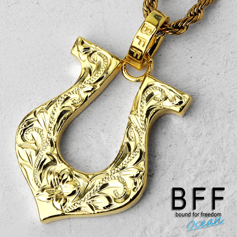 ＼スーパーSALE 10%OFF 16,800円→15,120円 ／BFF ブランド ホースシューネックレス シルバー925 ゴールド 18K GP gold 金色 馬蹄 ロープチェーン ハワイアンジュエリー 刻印 手彫り 金属アレルギー対応 専用BOX付属 父の日