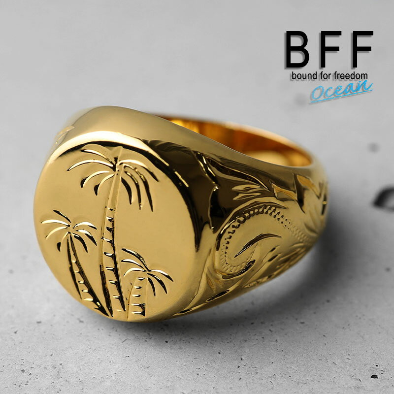 BFF ブランド パームツリー 印台リング ラージ ごつめ ゴールド 18K GP gold 金色 丸型 サークル スタンプリング シグネットリング ハワイ ハワイアンジュエリー 手彫り 彫金 専用BOX付属 父の日