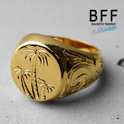 BFF ブランド パームツリー 印台リング ラージ ごつめ ゴールド 18K GP gold 金色 丸型 サークル スタンプリング シグネットリング ハワイ ハワイアンジュエリー 手彫り 彫金 専用BOX付属