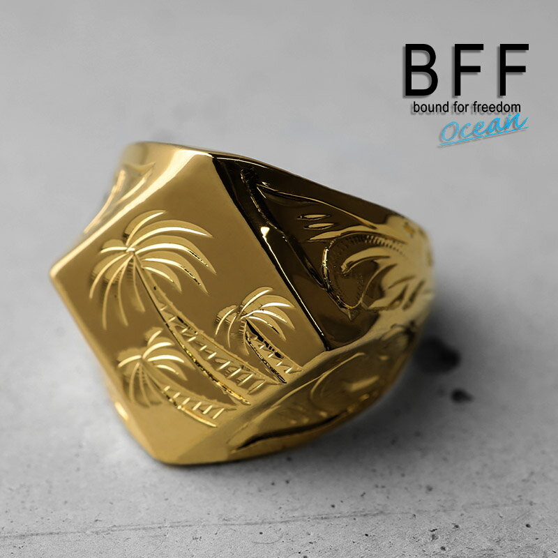 ＼土日限定 10％OFFクーポン有！／ BFF ブランド パームツリー 印台リング ラージ ごつめ ゴールド 18K GP gold 金色 菱形 ダイヤ型 スタンプリング シグネットリング ハワイ ハワイアンジュエリー 手彫り 彫金 専用BOX付属 父の日