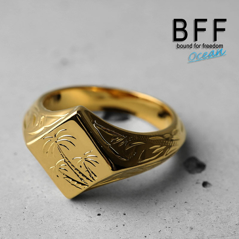 BFF ブランド パームツリー 印台リング スモール 小ぶり ゴールド 18K GP gold 金色 菱形 ダイヤ型 スタンプリング シグネットリング ハワイ ハワイアンジュエリー 手彫り 彫金 専用BOX付属 父の日