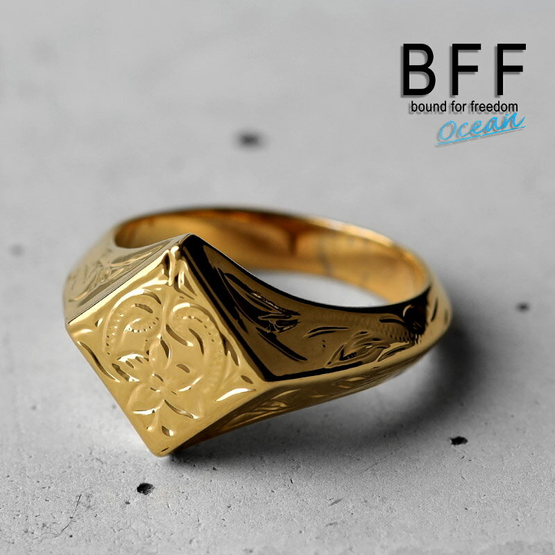 BFF ブランド プルメリア 印台リング スモール 小ぶり ゴールド 18K GP gold 金色 菱形 ダイヤ型 スタンプリング シグネットリング ハワイ ハワイアンジュエリー 手彫り 彫金 専用BOX付属