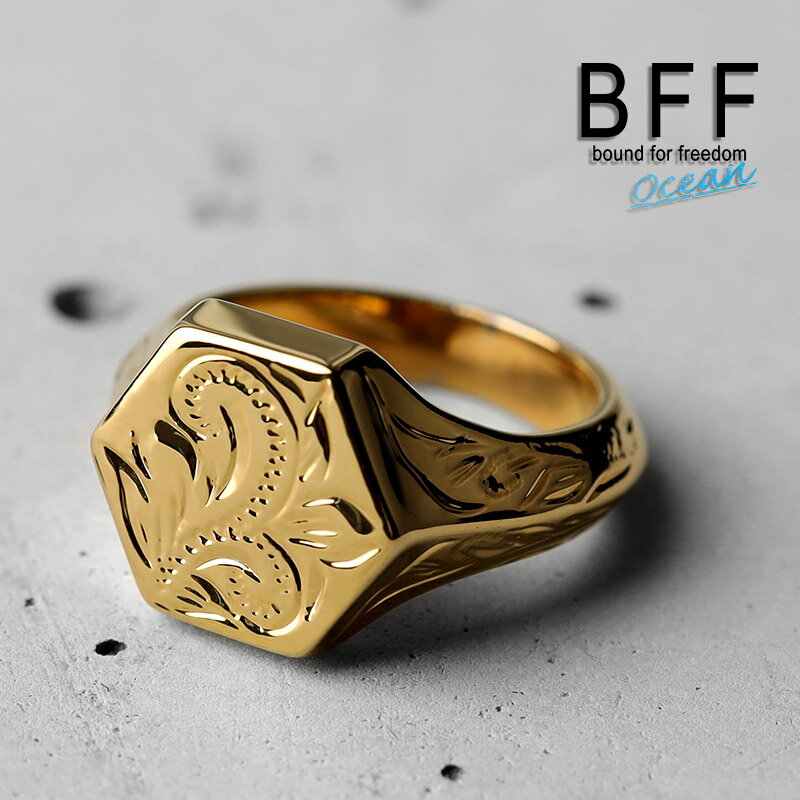 BFF ブランド スクロール マイレ 印台リング スモール 小ぶり ゴールド 18K GP gold 金色 六角形 スタンプリング シグネットリング ハワイ ハワイアンジュエリー 手彫り 彫金 専用BOX付属 父の日