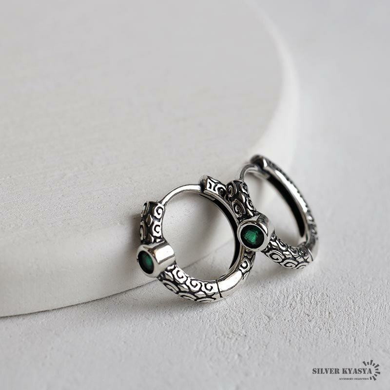 樂天商城 - 【クーポンで最大30％OFF】唐草 フープピアス グリーン シルバー925 CZ レディース 一粒ピアス シルバー ストーン 金属アレルギー対応 両耳用 2点セット