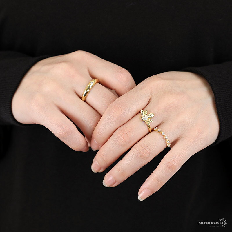 ＼最大20％OFFクーポン／シルバー925 ミツバチリング 蜂 ビー パヴェ ゴールド 18K GP CZ フリーサイズ オープンリング 指輪 レディース 女性 金属アレルギー対応の商品画像 3