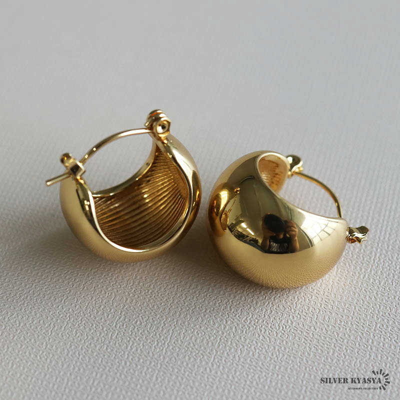 安心のステンレス素材 ワイドピアス ボールピアス ゴールド 18k gp 18金 仕上げ 高級感あり 太めピアス 太幅 極太フープピアス 両耳 2点セット