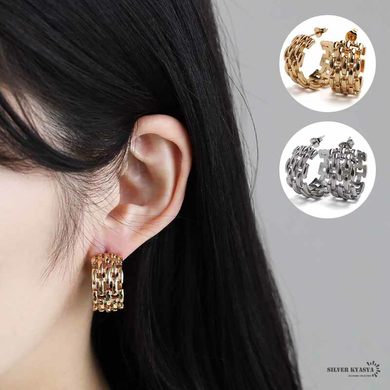 安心のステンレス素材 おしゃれ フープピアス シルバー ゴールド 18k gp 18金仕上げ 大きめピアス 両耳 チェーンピアス 太幅 大人 金属アレルギーフリ...