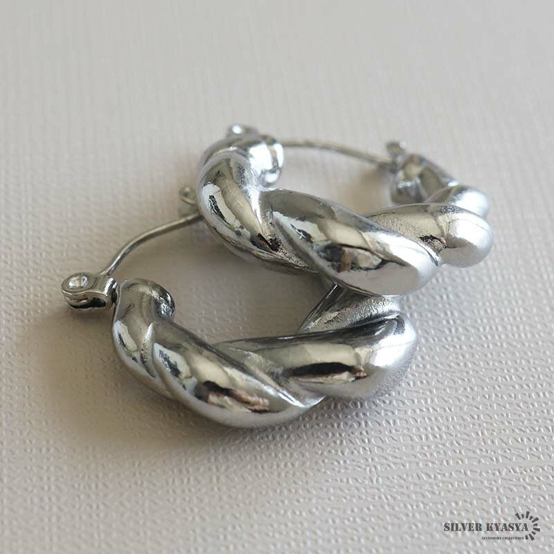 ＼スーパーSALE 10%OFF 2,420円→2,178円 ／安心のステンレス素材 ワイドピアス シルバー ツイストピアス 大ぶり 太め ロープピアス ねじりフープピアス 太幅 極太ピアス両耳 2点セット レディース 可愛い