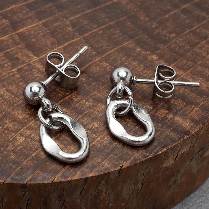 ステンレス素材 ドロップピアス シルバー silver レディース チェーンピアス 揺れる オーバル 4面カット 潰し あずきチェーン シンプル 金属アレルギー...