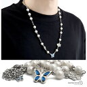 ネックレス メンズ パールネックレス 蝶 バタフライ 花 フラワー pearl necklace ストリート silver 銀色 blue 青色 white 白色 金属 母の日