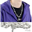 ネックレス メンズ パールネックレス クロス 十字架 CZ キュービックジルコニア pearl necklace ストリート silver 銀色 金属 ステンレ...