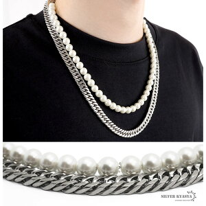 ネックレス メンズ パールネックレス 喜平チェーン きへい 2連 pearl necklace ストリート silver 銀色 金属 ステンレス アレルギーフリー