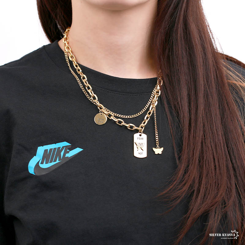 ＼スーパーSALE 10%OFF 3,520円→3,168円 ／ダブルチェーンネックレス 二重ネックレス ステンレス レディース 18kgp gold ゴールド 喜平チェーン あずきチェーン シルバー 喜平 小豆 金属アレルギー対応 ドッグタグ コイン 蝶 バタフライ 太幅 2連 [charm]