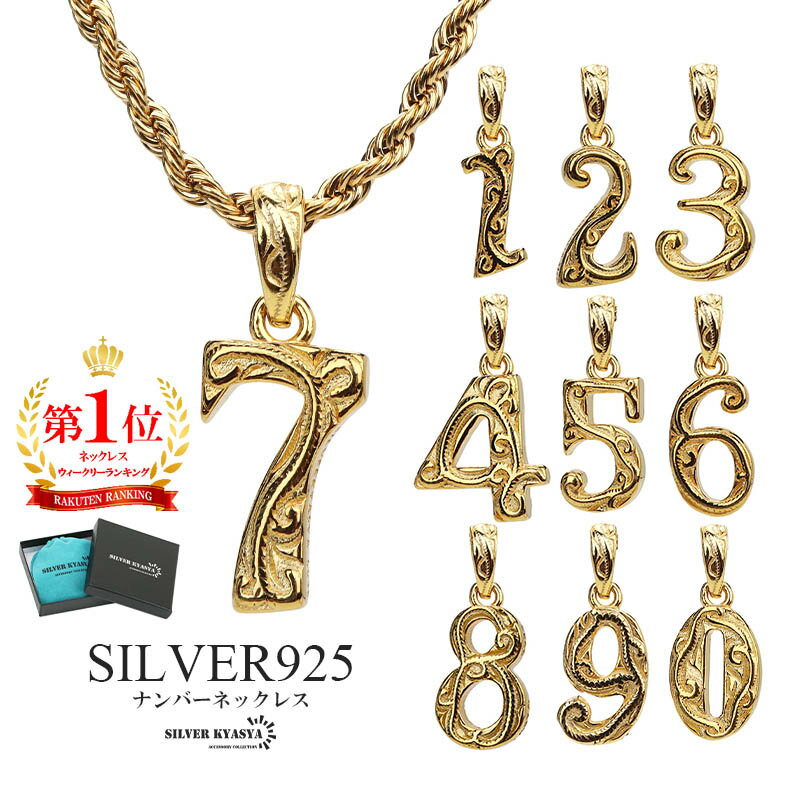 ナンバーネックレス ハワイアンネックレス ゴールド ステンレス シルバー925 数字ネックレス ロープチェーン 18K GP 専用BOX付属