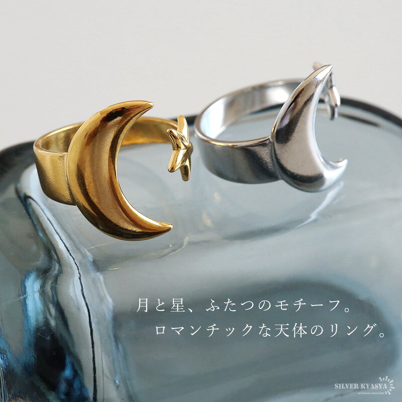 ステンレス 三日月と星のリング 2カラー 18KGP ゴールド gold シルバー 大ぶり オ...