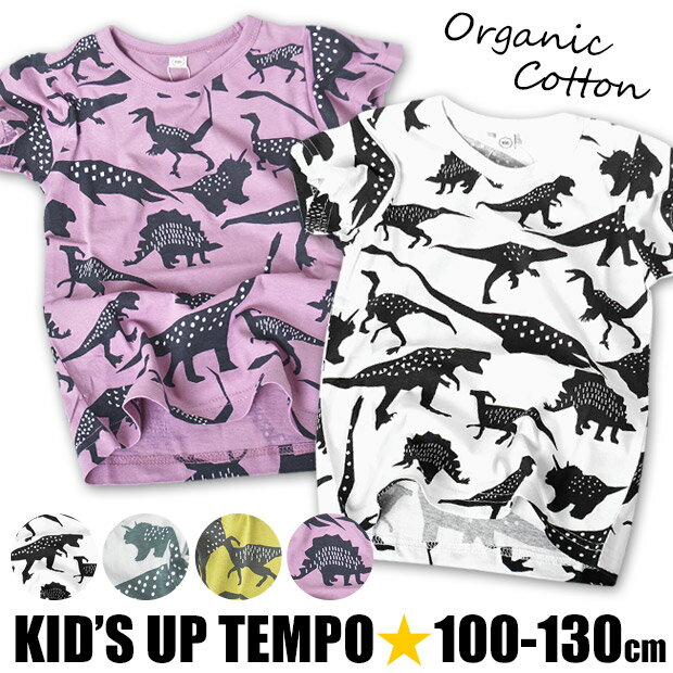 【2点以上でメール便送料無料】キッズアップテンポ 半袖 Tシャツ キッズ 恐竜 プリント ダイナソー きょうりゅう 白 ホワイト 綿 丸首 トップス シャツ 夏 涼しい 綿100% 100cm 110cm 120cm 130cm かっこいい 子供服 男の子 保育園 幼稚園 白 ホワイト グリーン パープルのサムネイル