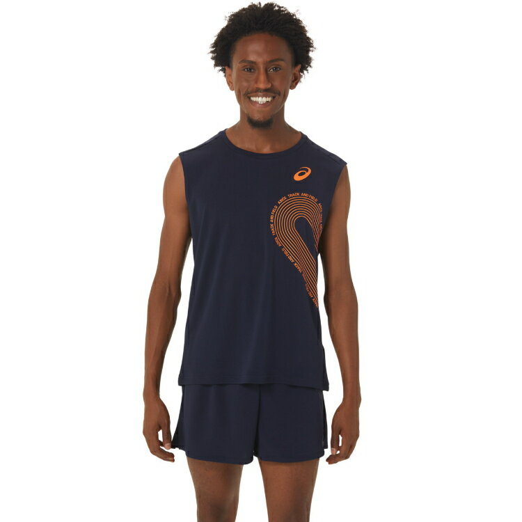 asics アシックス MEN TRACK GRAPHIC SLEEVEL ミッドナイト XL 2091A602 400 | スポーツ スポーツウェア ランニングウェア 陸上 マラソン ジョギング ノースリーブシャツ スリーブレス タンクトップ 袖なし メンズ M’S スポーツ用品 ロゴ