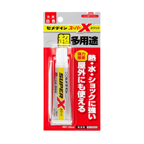 　※image photo 屋外使用に耐える、抜群の耐久性、耐熱性（−40℃〜120℃）・耐水性・耐衝撃性に優れるスーパーXシリーズの標準タイプ。仮止め不要の簡単接着で安心の無溶剤型で凹凸面への接着もOK！ ショックに強い 接着層がショックを吸収。ハガレにくい弾性接着剤 熱・水に強い 屋外にも使え、-40℃〜120℃に適応　※水没する用途はNG 凹凸面にもOK 溶剤を使用しないので肉やせしない 垂直面にOK タレが少なく、軽いものなら仮止め不要　※表札などは仮止めをする クリーン いやなニオイも少ない、あんしん無溶剤タイプ 表札やプレートの接着 塩ビレザーへのプラスチック小物の接着 ゴムと繊維の接着　※1 発泡スチロールと軟質塩ビシートの接着 アクセサリー製作 コンクリート面へのステンレスの接着 バッグや靴の補修 ※1 ゴム全般（天然ゴムを除く）にはUT110の方が好適 接着できるもの金属：ステンレス、アルミ、銅、鉄　等 プラスチック：ナイロン、スチロール、アクリル、塩化ビニル、ABS、FRP、ポリカーボネート、各種エンジニアプラスチック　等 ゴム：天然ゴム、合成ゴム、シリコーンゴム ※1、EPDM　等 無機材料：コンクリート、モルタル、天然石、タイル、ガラス、陶磁器　等 天然素材：木材、合板、皮革、布、厚紙　等 ※1 シリコーンゴムは接着性に差がありますのでご確認の上、ご使用ください ※貴金属や高価格品の接着には使用しないでください。 ※皮ふや飲食物が直接触れる部分の接着・補修には使用しないでください。 ※接着面が小さい部分（眼鏡フレームなど）には充分な接着力が得られません。 ※生物を入れる容器には使用できません。 接着できないものポリエチレン、ポリプロピレン、フッ素樹脂、ポリアセタール　等 ホワイト 20mL 品番【 AX-022 1067316 】 ※画像はイメージです。 ※パッケージ、仕様、品番などの変更が予告なく変更される場合が御座います。