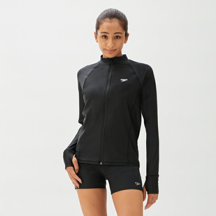 speedo スピード WOMENS AQUA SHIRT ブラック Lサイズ SFW72302 K | スポーツ スポーツ用品 水泳 プール 水着 スイムウェア レディース 女性 ラッシュガード アクアシャツ フィットネススイムウエア UVプロテクト シンプル フロントジップ 黒 ブラック L おすすめ
