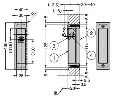 SIMONS STOREのSUGATSUNE スガツネ工業 プロテクター切替式埋込引手 HH-P135型 両面取付タイプ PAT 100-010-096 HH-P135SN | 取手 ハンドル シンプル おしゃれ 引手 亜鉛合金 ZDC サテンニッケルめっき プロテクター ポリウレタン PUR 軸 ステンレス 鋼 SUS304 戸当り受座 鋼 SPCC｜アングル3