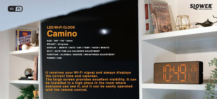 SLOWER スロウワー LED WiFi CLOCK Camino WHITE/BLACK SLW428 | 卓上時計 置き掛け兼用 クロック LED表示 アラーム デザイン時計 置き時計 掛け時計 WiFi [2]