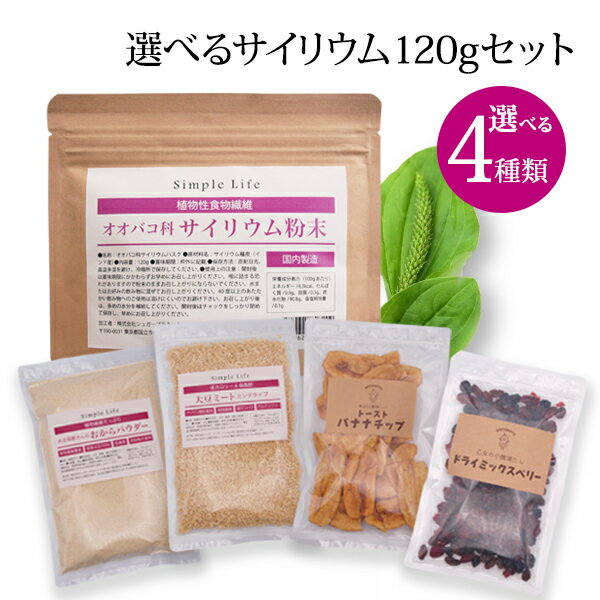 サイリウム（オオバコ）120g お試し 選べる 4種セット 国内製造 糖質ゼロ 植物性食物繊維 粉末 サイリウムハスク 送料無料　【簡単レシピ 計量スプーン付き】 おからパウダー 大豆ミート バナナチップス ミックスベリー