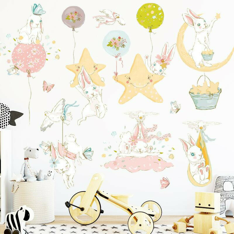 Rakuten - 星と月 ウォールステッカー 壁紙シール 壁装飾 キッズ 寝部屋 飾り画 兎 めっちゃかわいい 童心守り