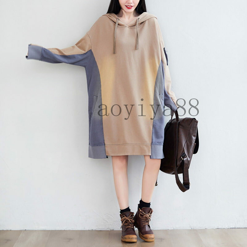 チュニック レディース ワンピース ビッグサイズ 配色切替え ダメージ加工 フード付き パーカー 不規則
