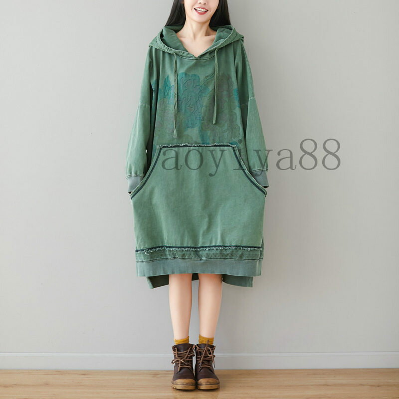 チュニック レディース ワンピース ビッグサイズ フード付き ダメージ加工 プリント パーカー ポッケト付き