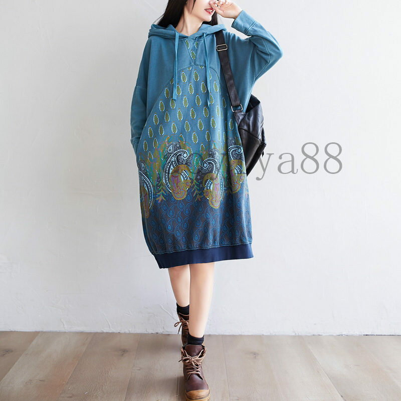 チュニック レディース ワンピース 民族風 プリント フード付き パーカー ビッグサイズ ポッケト付き 秋冬