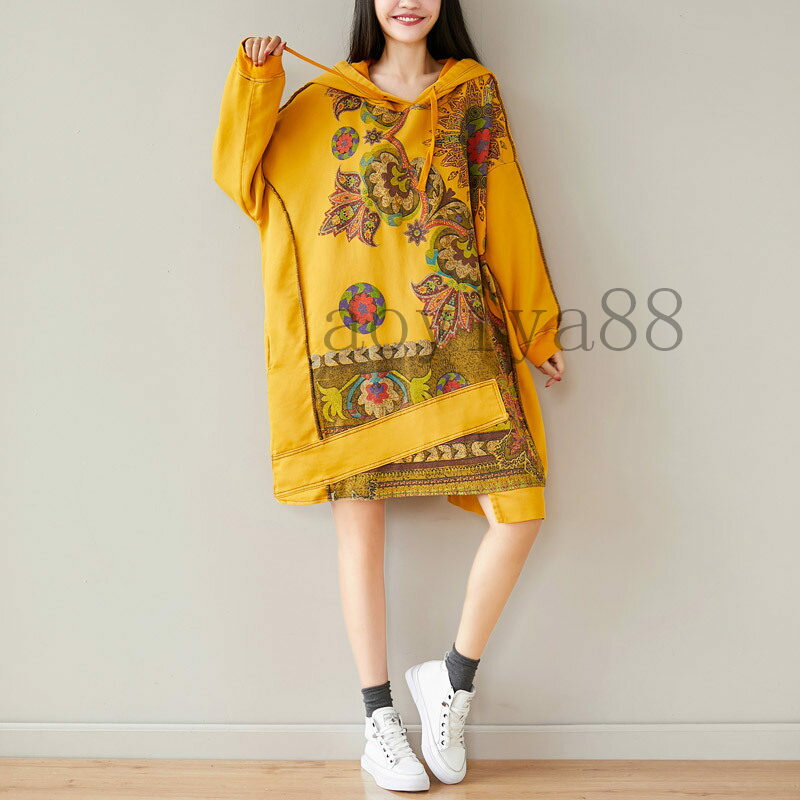 チュニック レディース ワンピース パーカー 花柄 フード付き 不規則 文芸風 ビッグサイズ おしゃれ 普段着