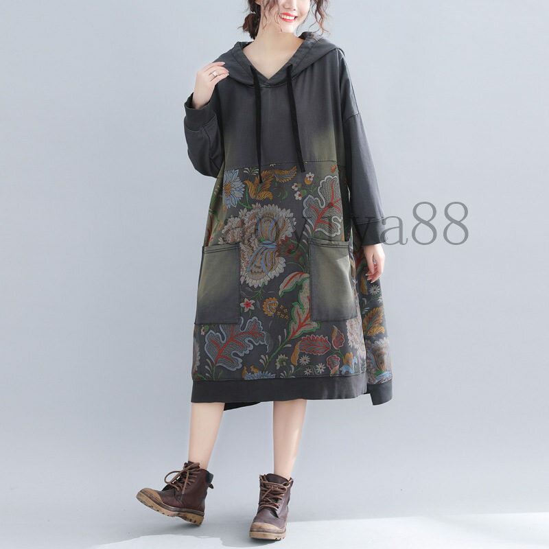 チュニック レディース ワンピース ビッグサイズ フード付き パーカー ダメージ加工 プリント 体型カバー 秋冬