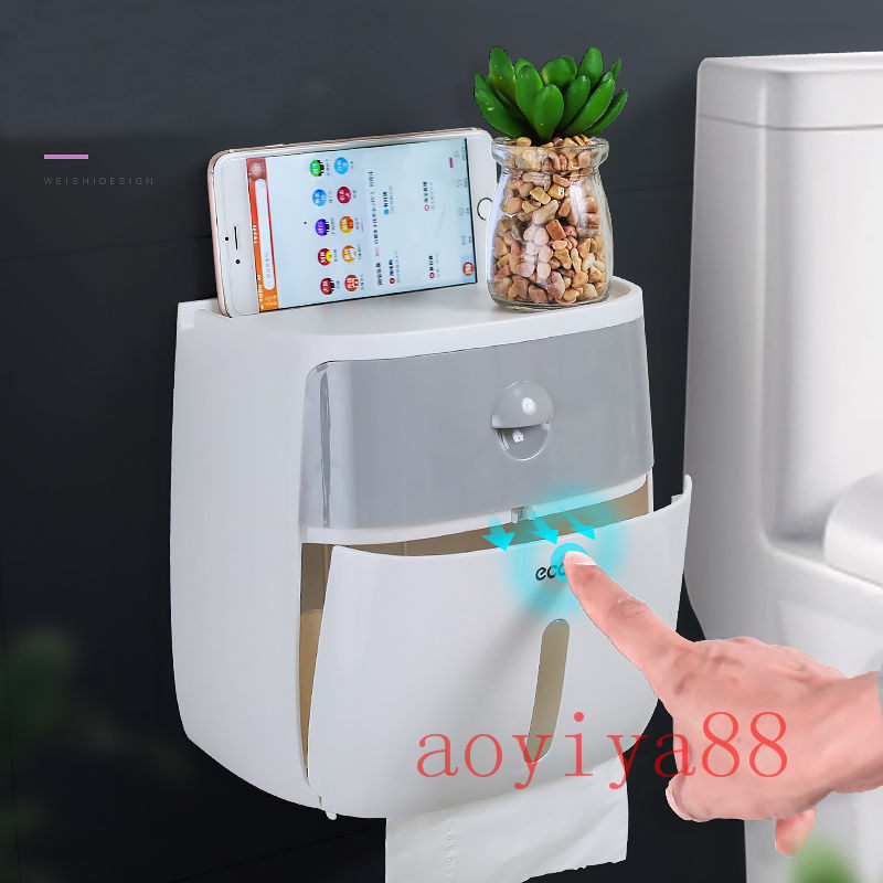 半自動 ティッシュボックス ティッシュケース 壁付け 収納 多機能 パンチ要らない トイレ放置 防水 引き出し付き 大容量 簡約 インテリア雑貨 シンプル配色 [2]