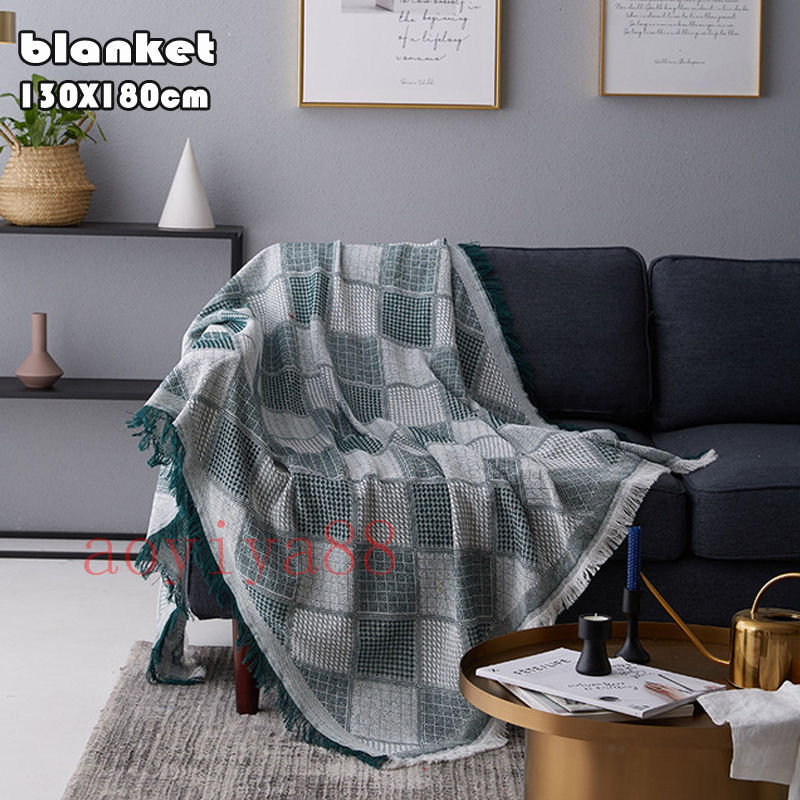 Rakuten - 緑のチェック柄 ソファー毛布 ブランケット タペストリー 掛け布団 家庭用 保暖 冷房対策 肌触り良い
