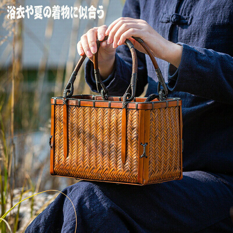 Tote Bag Type - かごバッグ 浴衣かごバッグ レディース カゴバッグ ハンドバッグ 手作り 編上げ 巾着付き 自然素材 桜見 キャンプ アウトドア ピクニック 家族[送料無料]