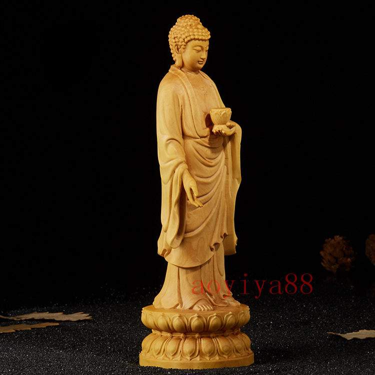 シンプルステップの仏壇仏像立像 木彫り 阿弥陀如来 21cm 荘厳 置物 蓮台 開運 祈る 厄除け 風水 手彫り 敬老の日 ギフト 穏やか 工芸品 手工彫刻｜アングル2