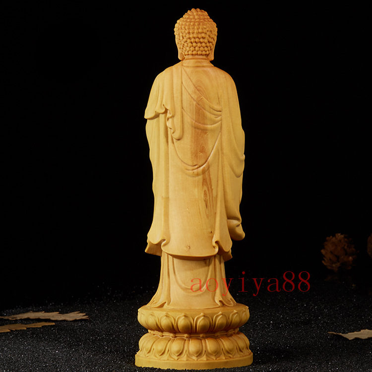 シンプルステップの仏壇仏像立像 木彫り 阿弥陀如来 21cm 荘厳 置物 蓮台 開運 祈る 厄除け 風水 手彫り 敬老の日 ギフト 穏やか 工芸品 手工彫刻｜アングル3