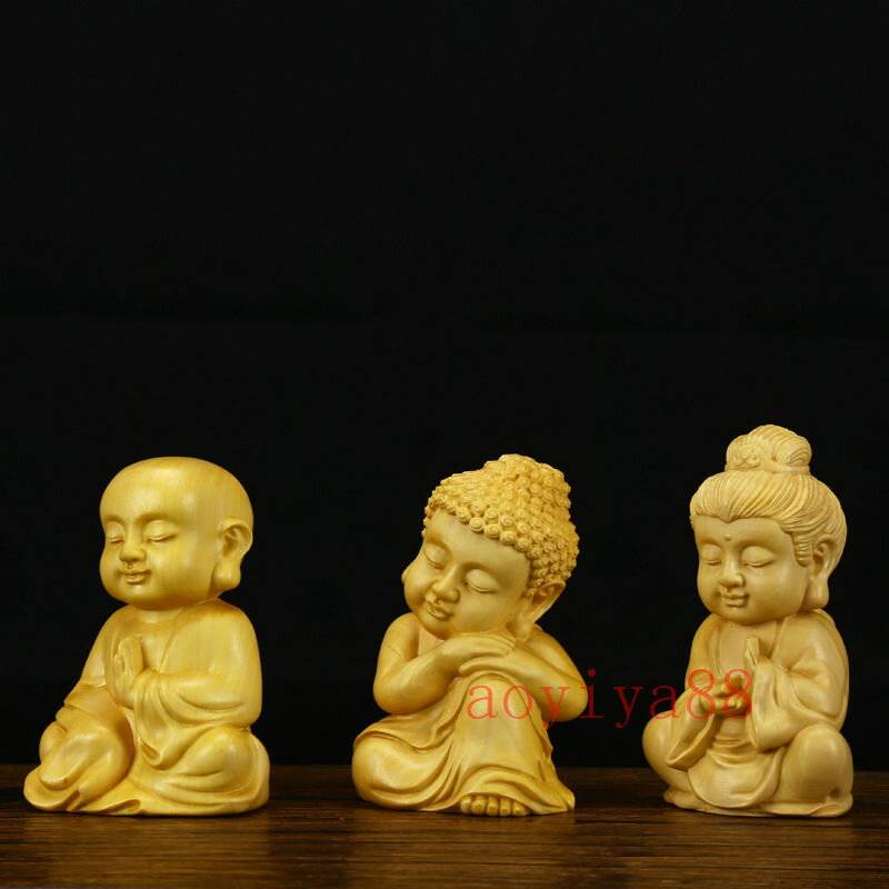 黄楊木彫り 娑婆三聖【釈迦如来・地蔵王菩薩・観音菩薩】禅定印 瞑想 置物 ミニ型 木製彫刻 開運厄除け 純手工彫刻 精密彫刻 3尊セット