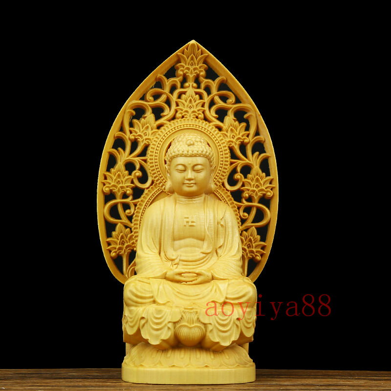 仏像 木彫り 置物 釈迦如来 仏壇仏像 透かし彫り光背付き 黄楊木 木製彫刻 一本彫り 擺件 純手工彫刻 ..