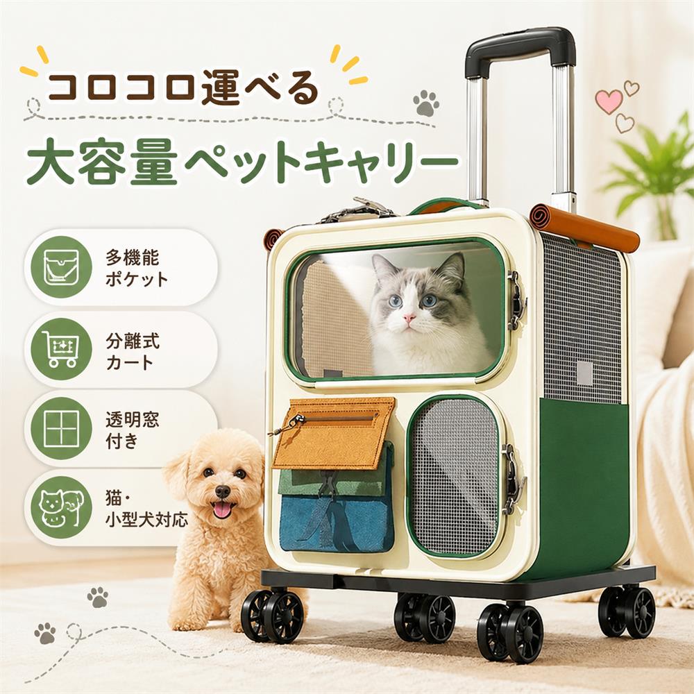 Rakuten - ペットキャリー キャスター付き 猫 キャリーケース 大容量 多機能 ペットカート 分離式 キャリーカート スーツケース型 猫キャリー 透明窓付き メッシュ 通気性 犬猫兼用 小型犬 多頭飼い 大型猫 取り外し可能 4輪 拉杆式 おしゃれ 旅行 通院 お出かけ 散歩 防災 避難