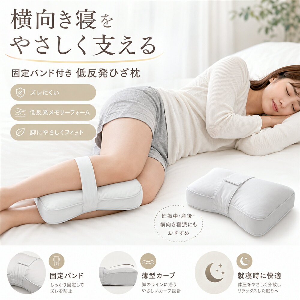 カラー：ホワイト；グレーサイズ：約34*24*5cmメイン素材：ポリエステル；低反発メモリーフォーム横向き寝の姿勢をやさしくサポートする、固定バンド付きの低反発膝枕です。膝や太ももの間に挟んで使うことで、脚の間に自然なすき間を作り、就寝中の姿勢を快適に保ちやすくします。一般的な膝枕は寝返りのたびにズレたり、朝起きた時に枕がどこかへ行ってしまうことがありますが、本製品はバンドで脚に軽く固定できるため、就寝中もズレにくく、朝まで使いやすい仕様です。中材には、やわらかく体にフィットしやすい低反発メモリーフォームを使用。硬すぎず柔らかすぎない使い心地で、膝まわり太ももまわりをやさしく支えます。脚に沿いやすい薄型カーブ形状で、横向き寝の時も違和感が少なく、寝返りもしやすいデザイン。横向き寝が多い方、妊娠中産後の方、脚の間にクッションを挟んで眠りたい方におすすめです。カバーは肌に触れても使いやすいなめらかな生地感。おすすめポイント：固定バンド付きで寝返りしてもズレにくい朝起きた時に枕が行方不明になりにくい低反発メモリーフォームが脚にやさしくフィット横向き寝の姿勢を快適にサポート足に挟みやすい薄型カーブ設計妊婦さん、産後、横向き寝派の方にもおすすめ就寝時、昼寝、リラックスタイムにも使いやすい使用シーン：横向き寝、就寝時、昼寝、妊娠中、産後、脚の間にクッションを挟みたい時、寝姿勢サポート、ベッド用クッション、リラックスタイムにおすすめです。注意事項：本製品は医療機器ではありません。症状の治療改善を保証するものではありません。使用感には個人差があります。違和感がある場合は使用を中止してください。当該製品画像の著作権は当社が保有しております。無断での転載および画像の不正使用はお控えいただきますようお願い申し上げます。製品更新により、予告なしで同じ商品がデザイン、色若干変わる場合がございますので、予めご了承下さい。撮影の為、画質等の関係上、色などが実際の商品と若干違ってしまうこともあるかもしれませんがご理解のほどご購入ください。予めご了承ください。出荷前全数検品をし万全を期しておりますが、万が一何か問題がありましたら、ご連絡お願いたします。カラー：ホワイト；グレーサイズ：約34*24*5cmメイン素材：ポリエステル；低反発メモリーフォーム横向き寝の姿勢をやさしくサポートする、固定バンド付きの低反発膝枕です。膝や太ももの間に挟んで使うことで、脚の間に自然なすき間を作り、就寝中の姿勢を快適に保ちやすくします。一般的な膝枕は寝返りのたびにズレたり、朝起きた時に枕がどこかへ行ってしまうことがありますが、本製品はバンドで脚に軽く固定できるため、就寝中もズレにくく、朝まで使いやすい仕様です。中材には、やわらかく体にフィットしやすい低反発メモリーフォームを使用。硬すぎず柔らかすぎない使い心地で、膝まわり太ももまわりをやさしく支えます。脚に沿いやすい薄型カーブ形状で、横向き寝の時も違和感が少なく、寝返りもしやすいデザイン。横向き寝が多い方、妊娠中産後の方、脚の間にクッションを挟んで眠りたい方におすすめです。カバーは肌に触れても使いやすいなめらかな生地感。おすすめポイント：固定バンド付きで寝返りしてもズレにくい朝起きた時に枕が行方不明になりにくい低反発メモリーフォームが脚にやさしくフィット横向き寝の姿勢を快適にサポート足に挟みやすい薄型カーブ設計妊婦さん、産後、横向き寝派の方にもおすすめ就寝時、昼寝、リラックスタイムにも使いやすい使用シーン：横向き寝、就寝時、昼寝、妊娠中、産後、脚の間にクッションを挟みたい時、寝姿勢サポート、ベッド用クッション、リラックスタイムにおすすめです。注意事項：本製品は医療機器ではありません。症状の治療改善を保証するものではありません。使用感には個人差があります。違和感がある場合は使用を中止してください。当該製品画像の著作権は当社が保有しております。無断での転載および画像の不正使用はお控えいただきますようお願い申し上げます。製品更新により、予告なしで同じ商品がデザイン、色若干変わる場合がございますので、予めご了承下さい。撮影の為、画質等の関係上、色などが実際の商品と若干違ってしまうこともあるかもしれませんがご理解のほどご購入ください。予めご了承ください。出荷前全数検品をし万全を期しておりますが、万が一何か問題がありましたら、ご連絡お願いたします。