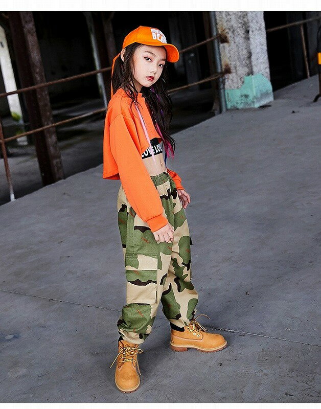 クリスマス特集22 ヒップホップ キッズ ダンス 衣装 へそ出しトップス キッズダンス衣装 Hiphop トップス へそ出し服 K Pop ダンス衣装 韓国 黒 ファッション 白 オレンジ ガールズ
