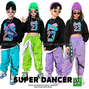 キッズダンス衣装 セットアップ ヒップホップ ファッション ガールズ 男の子 ダンス衣装 派手 へそ出し トップス スウエット カラー カーゴパンツ K-POP 韓国 黒 黄緑 紫 水色