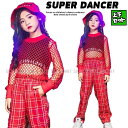 キッズ ダンス衣装 ガールズ ヒップホップ セットアップ キッズダンス衣装 かっこいい セクシー へそ出し チェックパンツ K-POP 韓国 赤