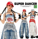 ヒップホップ ダンス衣装 ガールズ K-POP 韓国 キッズダンス衣装 セットアップ 派手 デニム トップス 穴あきレースパンツ ダンスウェア 子供ダンス服