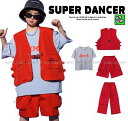 ヒップホップ ダンス衣装 セットアップ フィッシングベスト ハーフパンツ キッズファッション キッズダンス衣装 韓国 K-POP 赤
