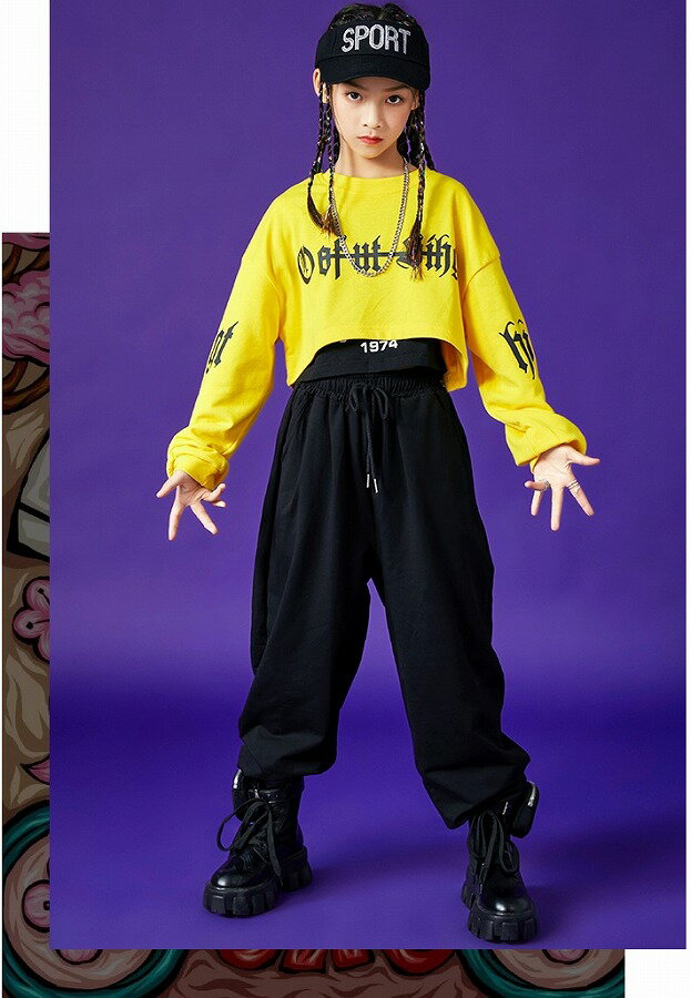 キッズ ダンス衣装 セットアップ ガールズ ヒップホップ かっこいい キッズダンス衣装 派手 へそ出し トップス パンツ 韓国 K-POP 黄色 黒